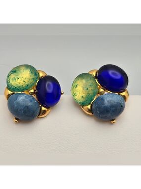 Vintage Handmade Gold-Tone Stud Earrings w/ Blue & Green Glass Stones